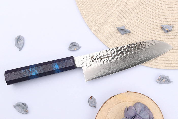 Couteau santoku japonais 17cm Sakai Takayuki Nanairo Blue Damas VG10