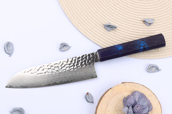 Couteau santoku japonais 17cm Sakai Takayuki Nanairo Blue Damas VG10
