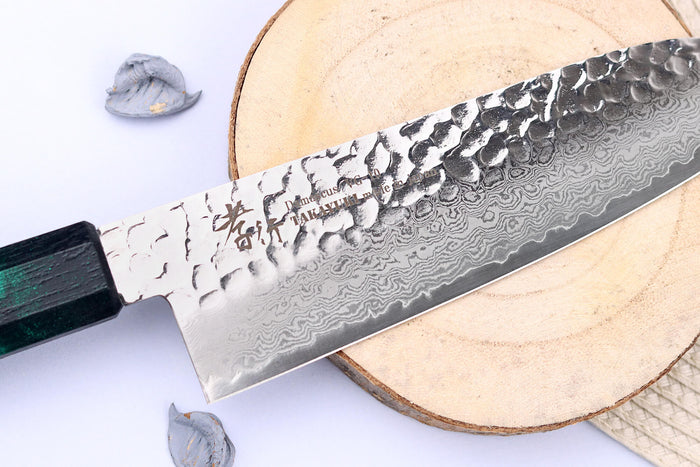 Couteau santoku japonais 17cm Sakai Takayuki Nanairo Green Damas VG10