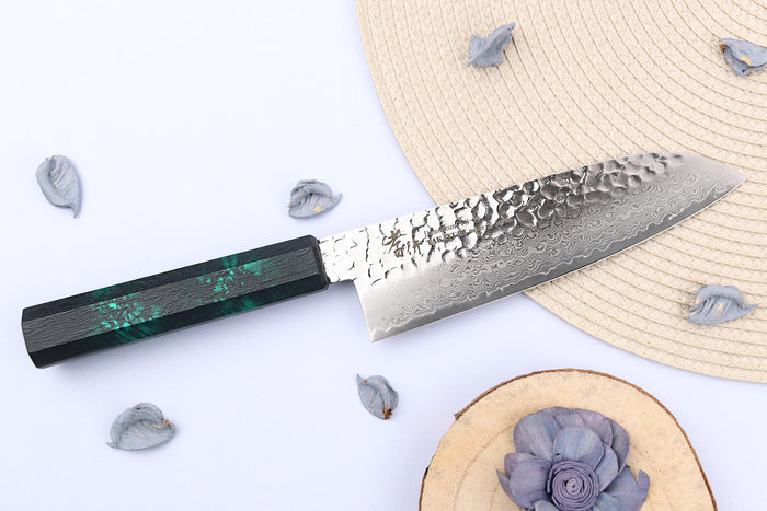 Couteau santoku japonais 17cm Sakai Takayuki Nanairo Green Damas VG10