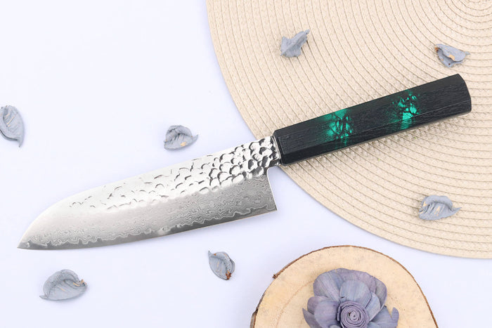 Couteau santoku japonais 17cm Sakai Takayuki Nanairo Green Damas VG10
