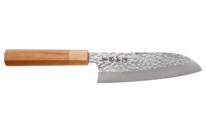 Couteau santoku japonais artisanal Makoto Kurosaki Sakura acier SG2 martelé 16.5cm