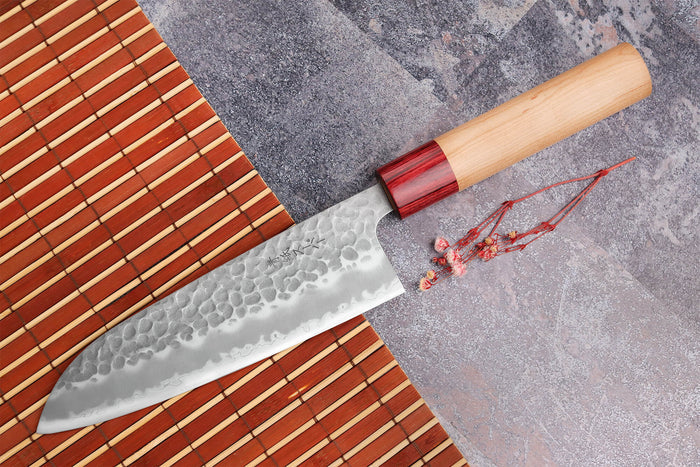 Couteau santoku japonais artisanal Tsunehisa Aogami Super martelé 16,5cm