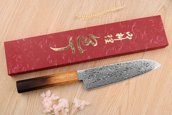 Couteau santoku japonais artisanal Yoshihiro ZAD lame damassée 18cm