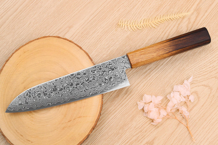 Couteau santoku japonais artisanal Yoshihiro ZAD lame damassée 18cm
