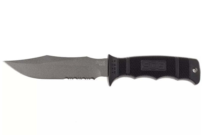 Couteau SOG Seal Pup SGM37N lame semi-dentée 12cm manche en nylon/fibres de verre noir + étui