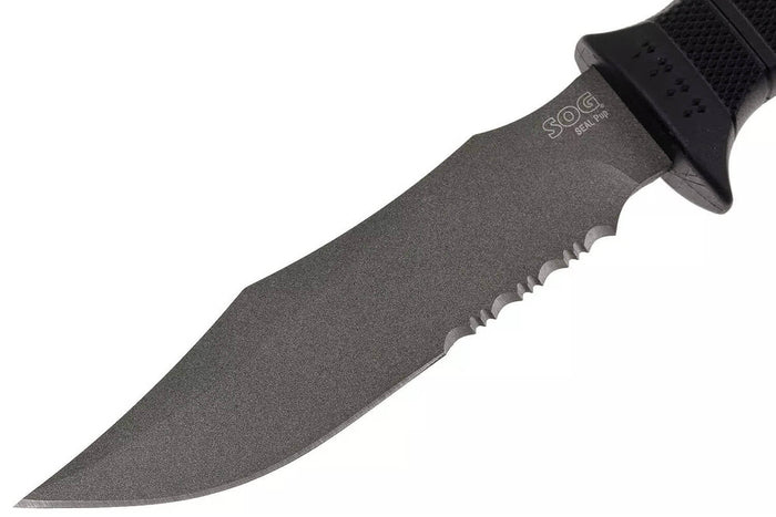 Couteau SOG Seal Pup SGM37N lame semi-dentée 12cm manche en nylon/fibres de verre noir + étui