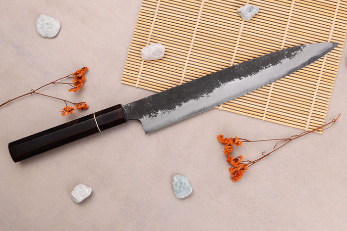 Couteau sujihiki 24cm japonais artisanal Naoki Mazaki WS2 Black Nashiji