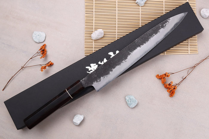 Couteau sujihiki 24cm japonais artisanal Naoki Mazaki WS2 Black Nashiji