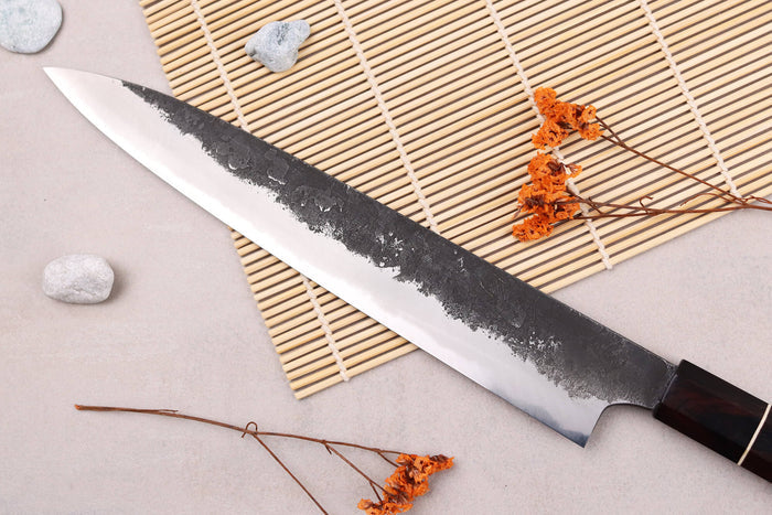Couteau sujihiki 24cm japonais artisanal Naoki Mazaki WS2 Black Nashiji