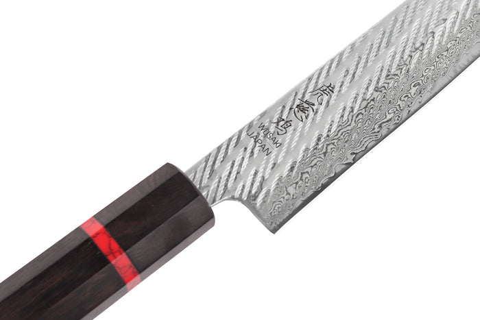 Couteau sujihiki 24cm japonais artisanal Wusaki Nawame AUS10 damas