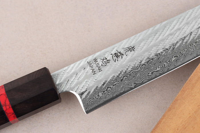 Couteau sujihiki 24cm japonais artisanal Wusaki Nawame AUS10 damas