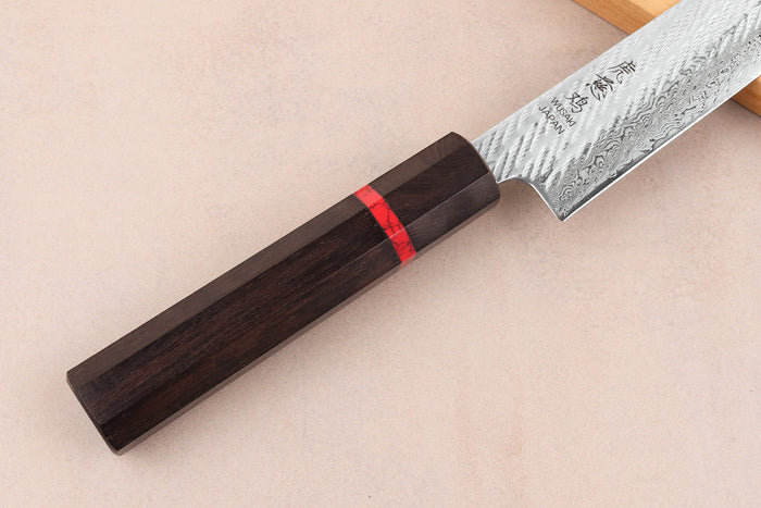 Couteau sujihiki 24cm japonais artisanal Wusaki Nawame AUS10 damas