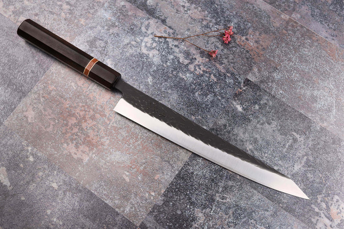Couteau sujihiki 24cm japonais artisanal Yuzo Black SLD ébène et cognassier