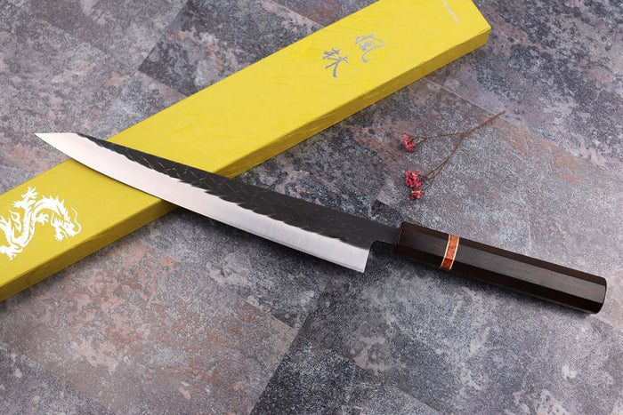 Couteau sujihiki 24cm japonais artisanal Yuzo Black SLD ébène et cognassier