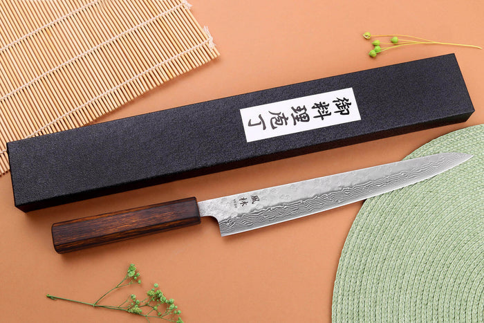 Couteau sujihiki 24cm japonais artisanal Yuzo Enju Damas 440C