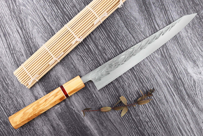 Couteau sujihiki 24cm japonais artisanal Yuzo SLD olivier et sequoia