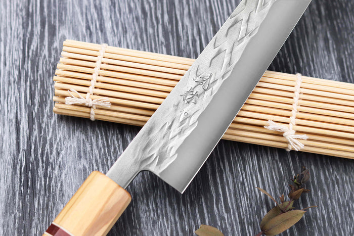 Couteau sujihiki 24cm japonais artisanal Yuzo SLD olivier et sequoia