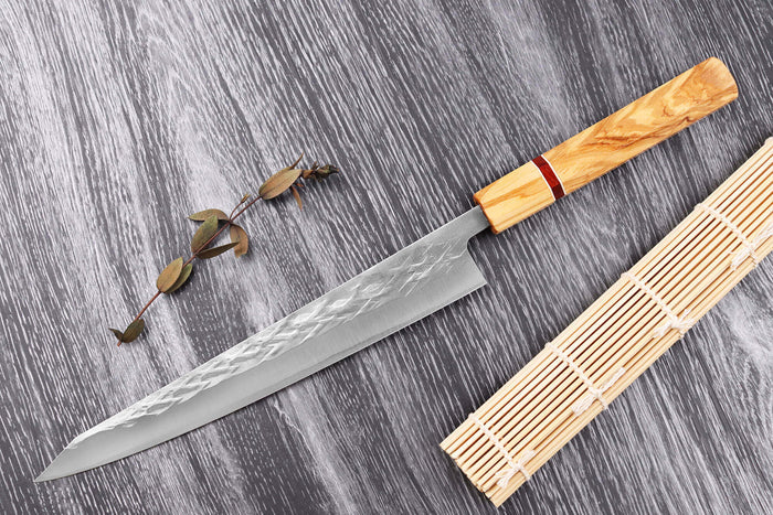 Couteau sujihiki 24cm japonais artisanal Yuzo SLD olivier et sequoia