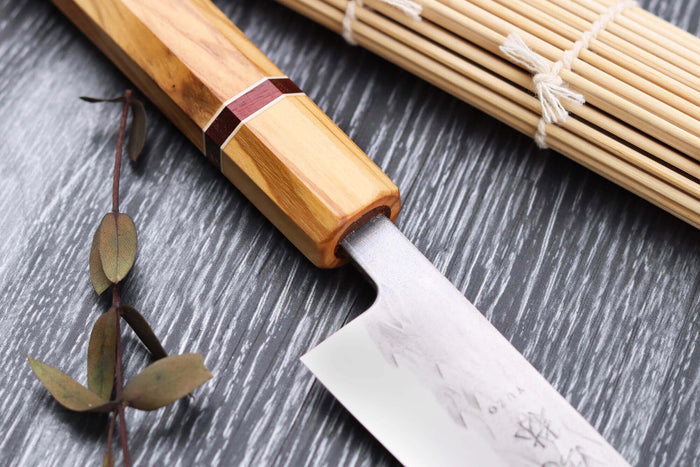 Couteau sujihiki 24cm japonais artisanal Yuzo SLD olivier et sequoia