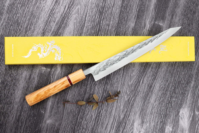 Couteau sujihiki 24cm japonais artisanal Yuzo SLD olivier et sequoia