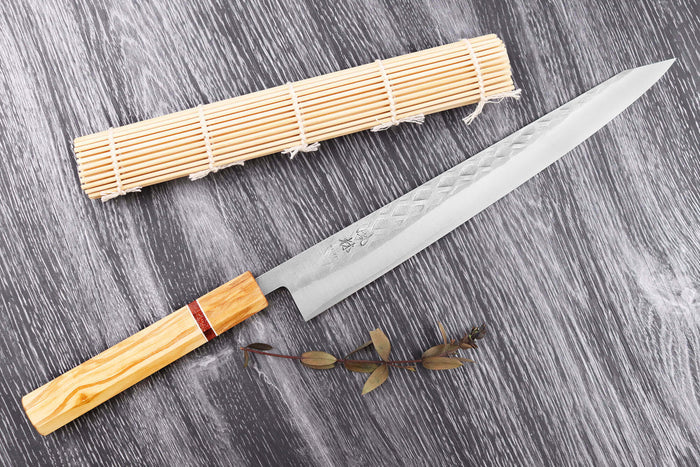 Couteau sujihiki 27cm japonais artisanal Yuzo SLD olivier et sequoia
