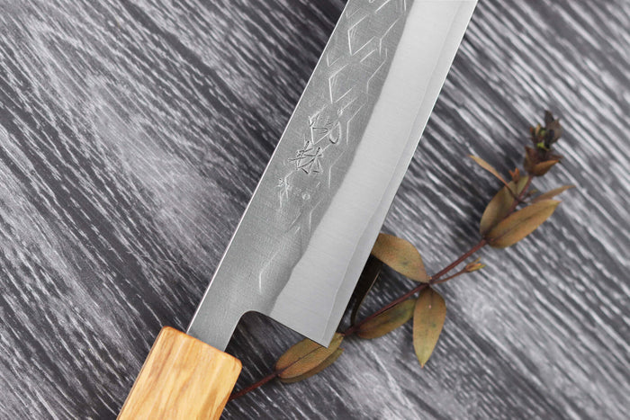 Couteau sujihiki 27cm japonais artisanal Yuzo SLD olivier et sequoia