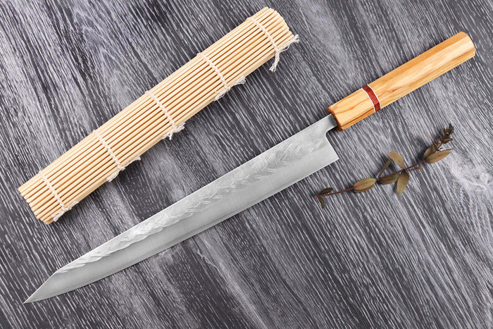 Couteau sujihiki 27cm japonais artisanal Yuzo SLD olivier et sequoia