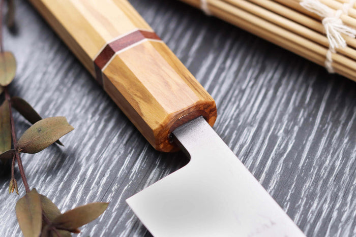 Couteau sujihiki 27cm japonais artisanal Yuzo SLD olivier et sequoia