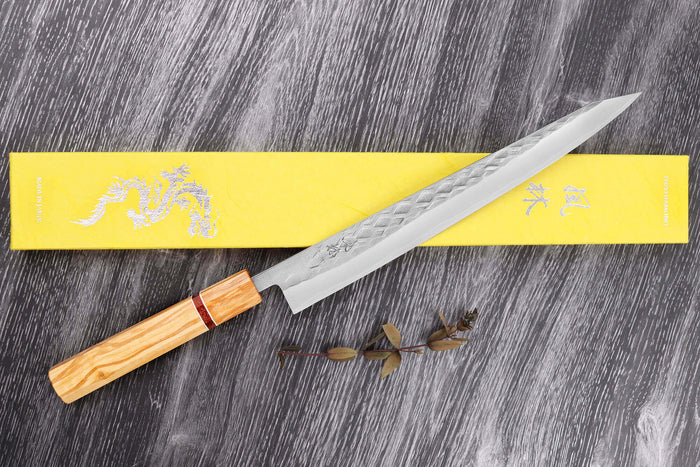 Couteau sujihiki 27cm japonais artisanal Yuzo SLD olivier et sequoia
