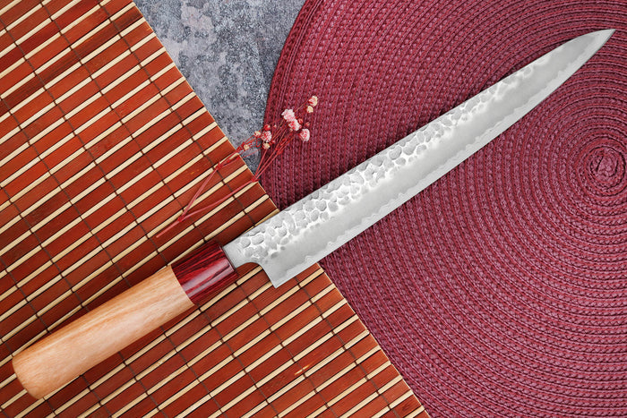 Couteau sujihiki japonais artisanal Tsunehisa Aogami Super martelé 24cm