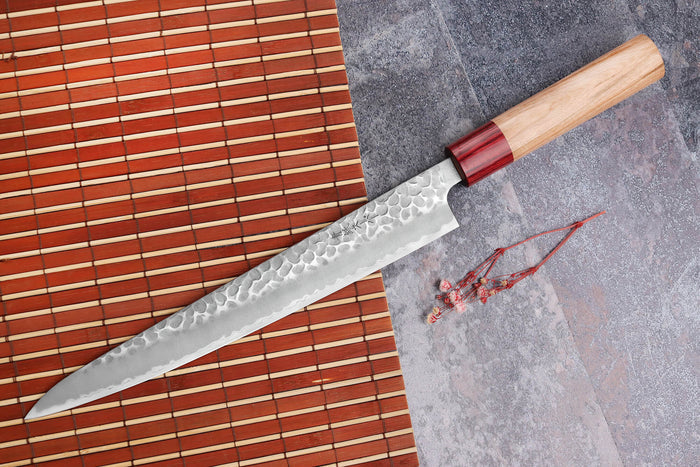 Couteau sujihiki japonais artisanal Tsunehisa Aogami Super martelé 24cm
