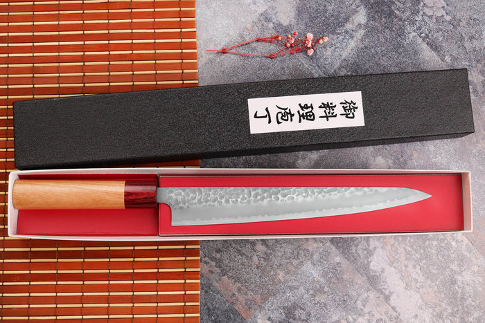 Couteau sujihiki japonais artisanal Tsunehisa Aogami Super martelé 24cm
