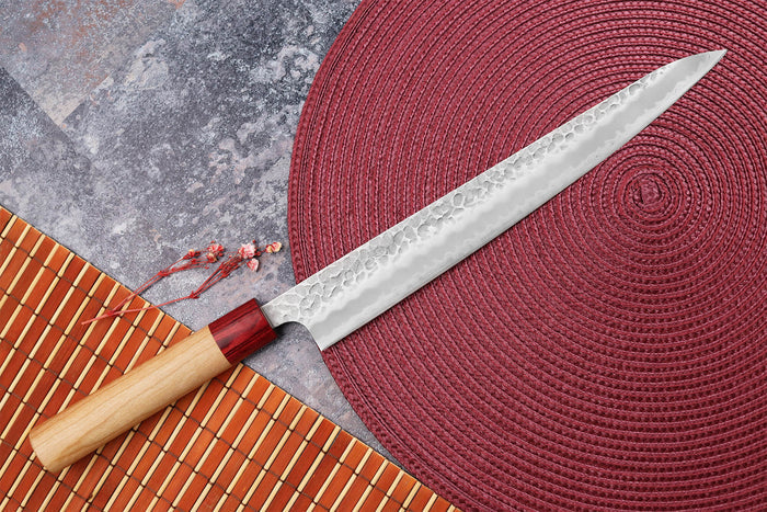 Couteau sujihiki japonais artisanal Tsunehisa Aogami Super martelé 27cm