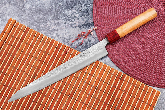 Couteau sujihiki japonais artisanal Tsunehisa Aogami Super martelé 27cm