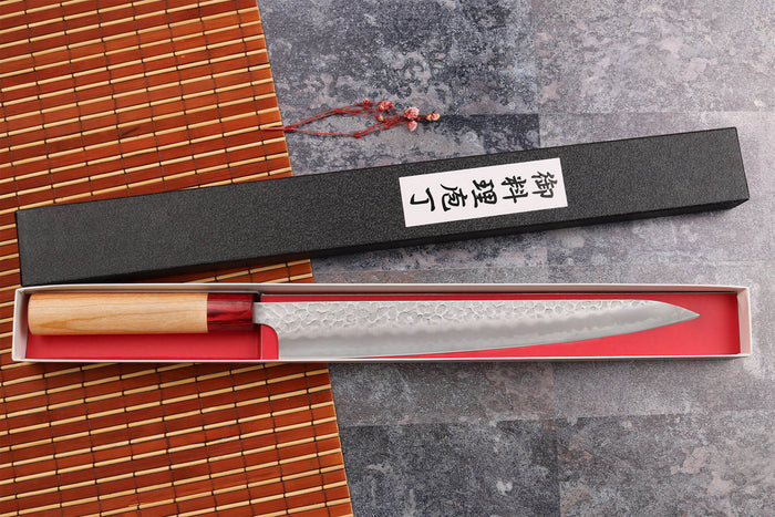 Couteau sujihiki japonais artisanal Tsunehisa Aogami Super martelé 27cm