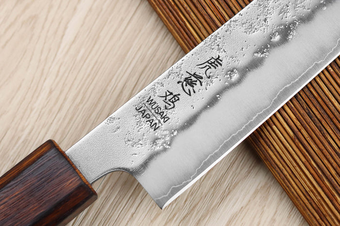 Couteau sujihiki japonais artisanal Wusaki Yoshi G3 chêne 24cm