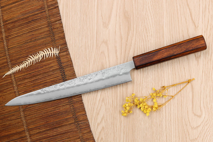 Couteau sujihiki japonais artisanal Wusaki Yoshi G3 chêne 24cm