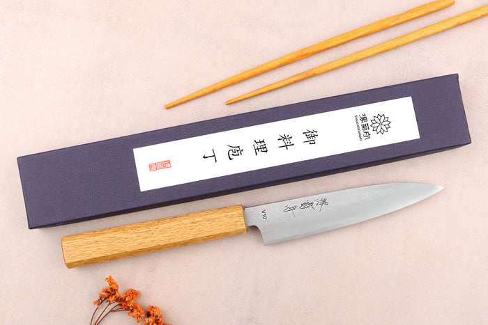 Couteau universel 13,5cm japonais artisanal Sakai Kikumori TS10 en chêne