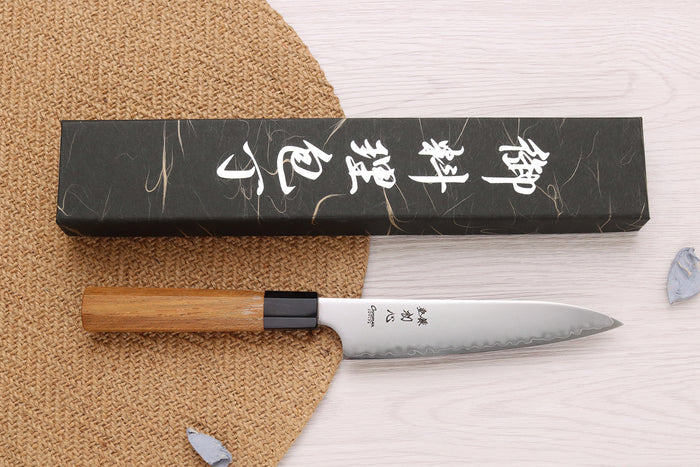Couteau universel 14cm japonais artisanal Hatsukokoro Chromax manche en teck