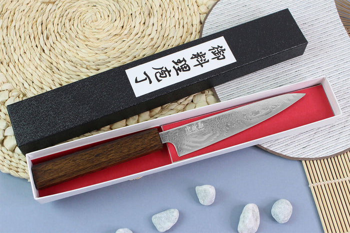Couteau universel japonais artisanal Wusaki Unagi AUS10 damas 14cm manche chêne