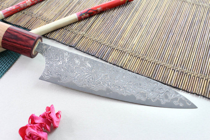 Couteau universel japonais artisanal Yoshimi Kato 12cm VG10 Nickel Damascus cerisier