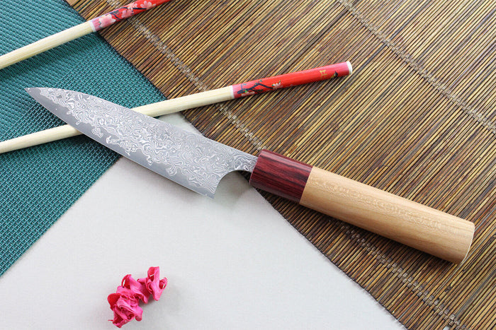 Couteau universel japonais artisanal Yoshimi Kato 12cm VG10 Nickel Damascus cerisier