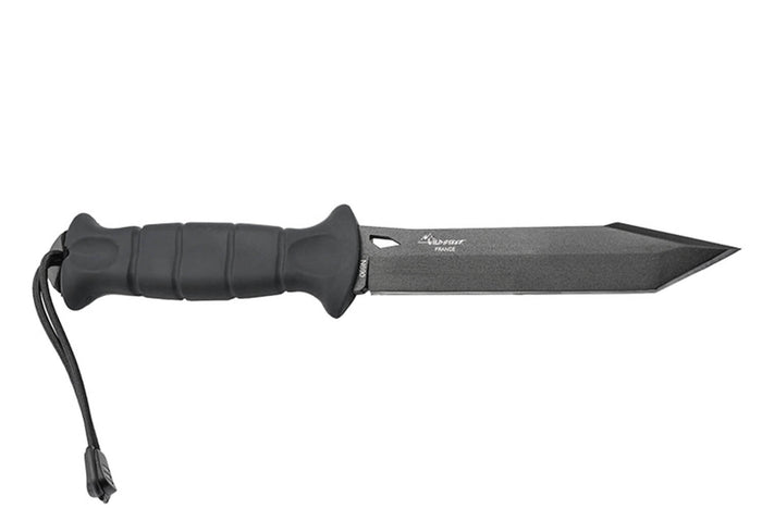 Couteau Wildsteer Sherkan SHE3113 lame noire tanto 13,5cm manche tactiprène noir + étui en POM/nylon