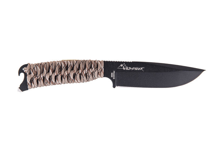 Couteau Wildsteer Skarabe SKA3111 lame noire 11cm manche paracorde Désert + étui en POM