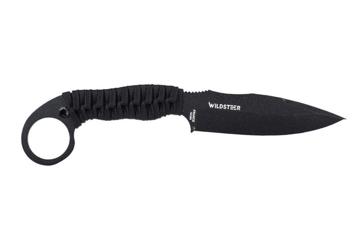 Couteau Wildsteer Talim TAL3113 lame noire 9,7cm manche paracorde noire + étui Kydex