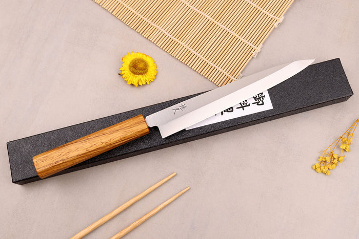 Couteau yanagiba 21cm artisanal japonais Tsunehisa AUS-8 manche en chêne