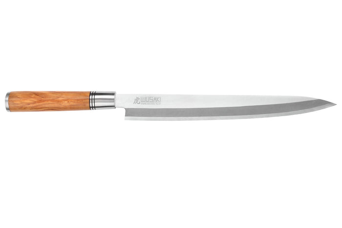 Couteau yanagiba 27cm Wusaki Olive 7Cr manche en olivier + saya