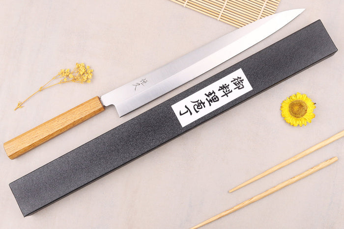 Couteau yanagiba 30cm artisanal japonais Tsunehisa AUS-8 manche en chêne