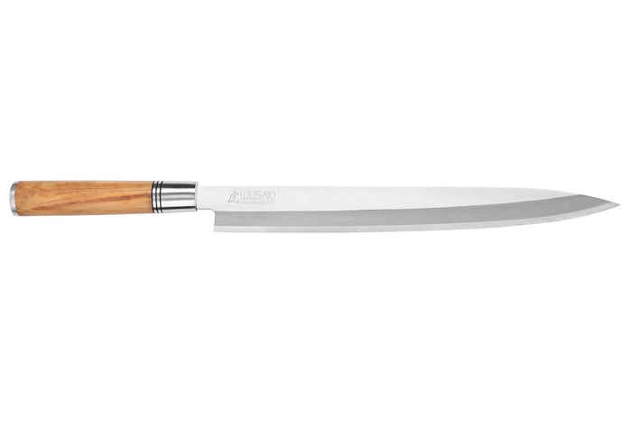 Couteau yanagiba 30cm Wusaki Olive 7Cr manche en olivier + saya